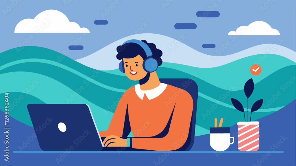 Poster with the sound of gentle waves in the background a remote worker sits at their desk taking conferenc