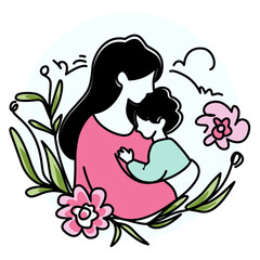 Mother's Day A mother tenderly hugging her child, surrounded by vibrant flowers and leaves, symbolizing love, care, and the beauty of motherhood. Perfect for greeting cards, social media
