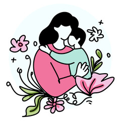 Mother's Day A mother tenderly hugging her child, surrounded by vibrant flowers and leaves, symbolizing love, care, and the beauty of motherhood. Perfect for greeting cards, social media