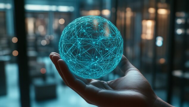 Hand holding a blue digital sphere with network lines in an office interior, a technology and business concept.