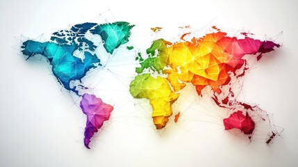 Colorful geometric world map illustration showcasing vibrant regions, connected by lines, ideal for educational and creative projects