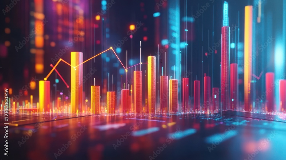 Poster colorful data visualization with glowing bars and lines
