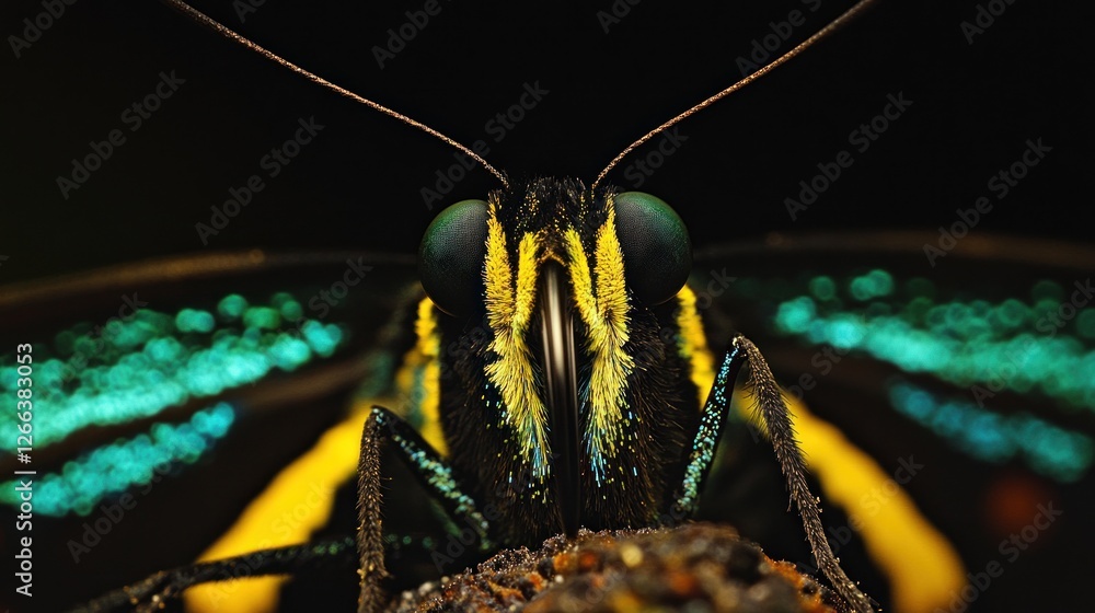 Poster close-up view of a vibrant butterfly showcasing intricate patterns and colors, perched on a textured