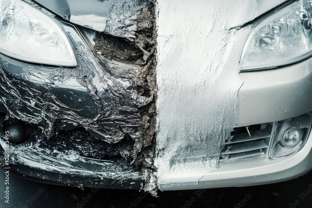 Poster Side by side comparison of a scratched dirty car with a shiny polished car showcasing distinct contrasts in appearance. Generative AI