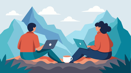 Fototapeta premium Two friends sat atop a cliff typing away on their respective laptops while surrounded by rugged mountain peaks and sipping from matching mugs of coffee.. Vector illustration