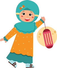 Cheerful Girl Holding Lantern in Traditional Attire