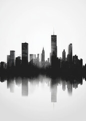 Black and white cityscape with reflection in water