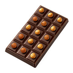 a bar of dark chocolate with whole hazelnuts, showcasing a delicious treat. The chocolate is smooth and rich, while the hazelnuts add a delightful crunch
