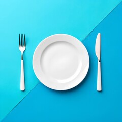 empty plate and cutlery set against vibrant blue background. It is an minimalist image, which makes it perfect for representing simplicity and clean design.