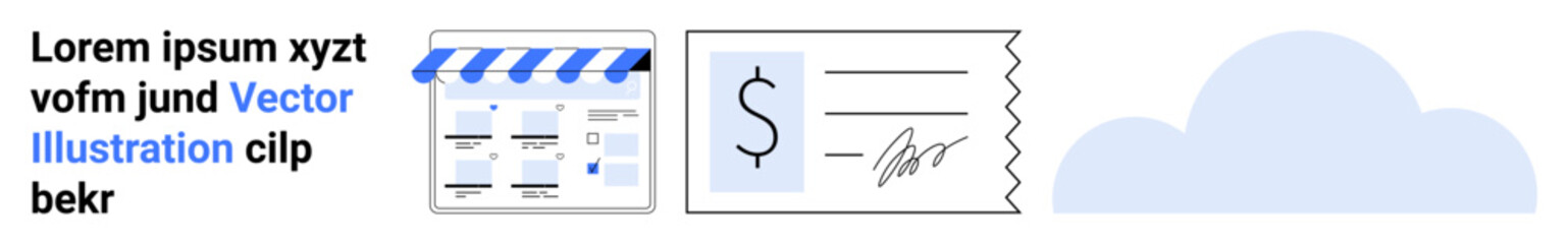 Digital storefront with awning, dollar-signed receipt, and cloud icon evoking online shopping and financial exchange. Ideal for e-commerce, finance, cloud storage, digital transactions