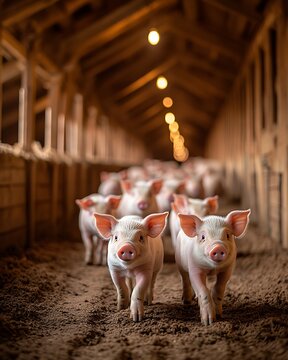 A clean and modern pig farm with piglets playing in a spacious pen, under soft natural lighting. The well-organized scene allows for branding and commercial use