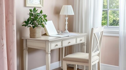Fototapeta premium Pastel-toned bedroom desk with papers, plant, and lamp, near window, interior scene