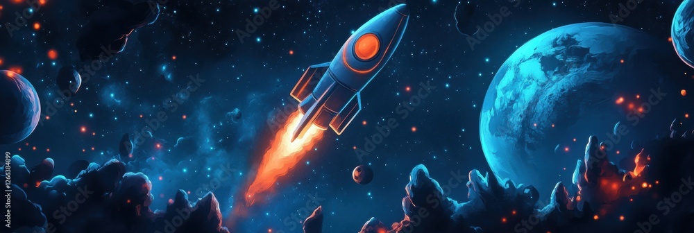 Poster Rocket launches into a vibrant galaxy filled with planets and cosmic elements in an imaginative space setting. Generative AI