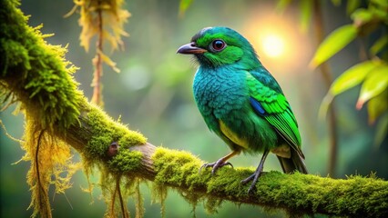 Fototapeta premium Architectural lines frame an iridescent emerald bird, perched on mossy branch.