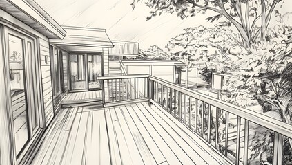 Sketch of a deck overlooking a backyard with trees. Possible use Architectural design
