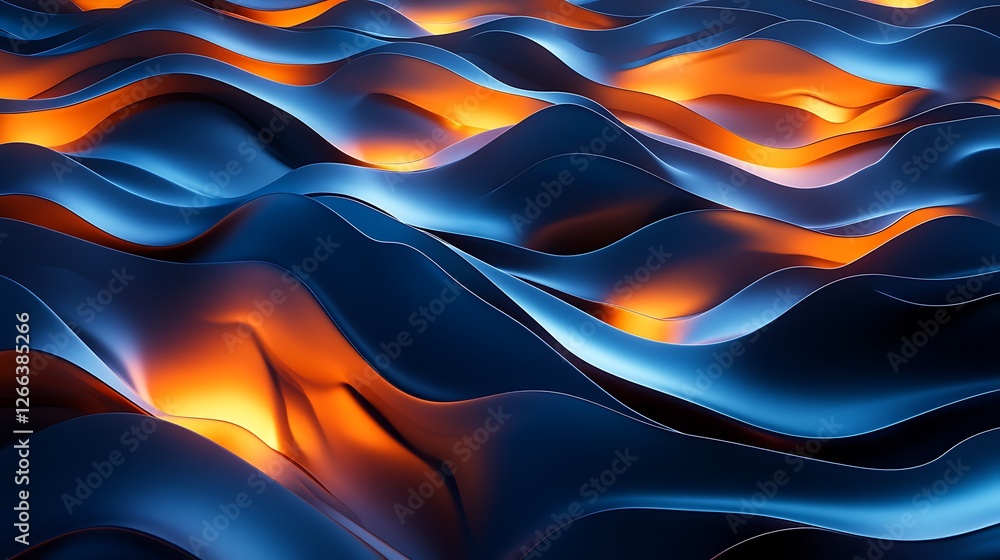 Poster blue and orange wavy surfaces with digital data flowing through them, glowing lights in the backgrou