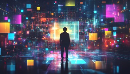 Businessman in futuristic digital space, contemplating data display