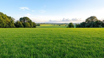 Obraz premium Lush green field, rolling hills, sunset sky, pastoral landscape, nature background
