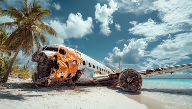 A plane that crashed on the beach of an island, with a blue sky and clouds, palm trees, and white sand.