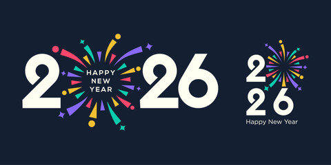 2026 Happy New Year logo design vector. colorful fireworks and trendy new year 2026 design template.