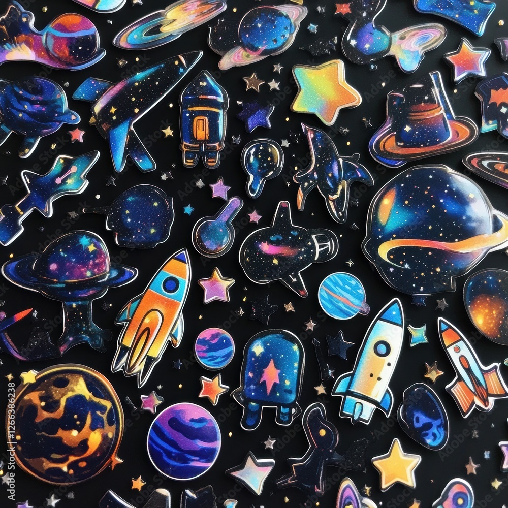 Poster colorful stickers representing planets, rockets, and stars on a dark background showcasing space exp