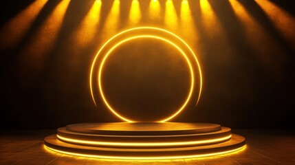 A vibrant stage illuminated by golden lights, featuring a circular design, perfect for performances or presentations in an elegant venue