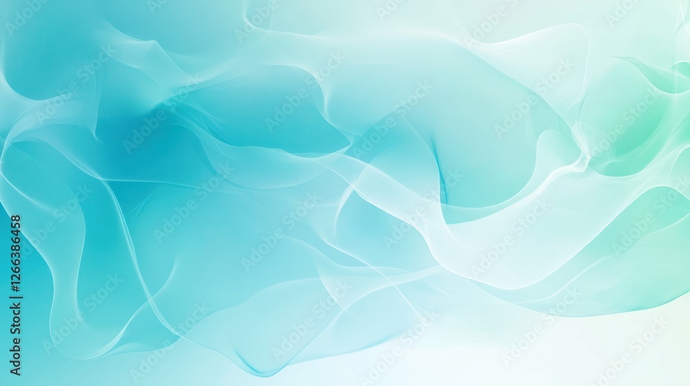 Poster abstract flowing waves in soft blue and green hues creating a serene background, ideal for calming d