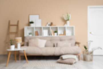 Cozy sofa, shelving unit and coffee table in interior of living room