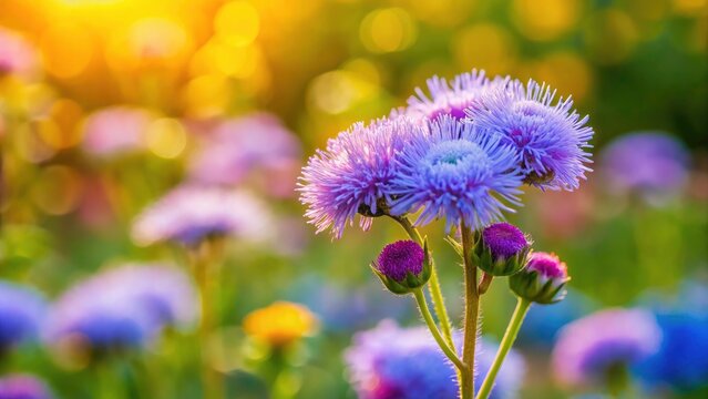 A vibrant ageratum bursts in close-up, showcasing its delicate bloom amidst a wildflower meadow.