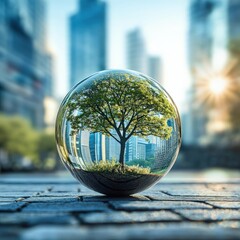 Tree reflected in glass sphere amid urban setting