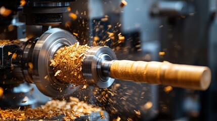 Woodworking process wood lathe shaping in a workshop craftsmanship industrial environment close-up view