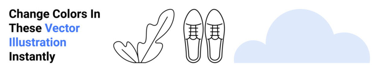 Outline of a pair of shoes, abstract leaf form on left, and simple cloud shape on right. Ideal for nature, fashion, lifestyle, creativity, simplicity, branding flat landing page banner