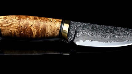 Handcrafted damascus knife on black background