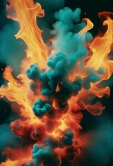 Fiery Teal Smoke and Flame Abstract Art Print