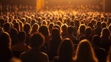 Obraz premium A captivated audience watches a live performance in a dimly lit theater, with warm lighting enhancing the atmosphere and engagement