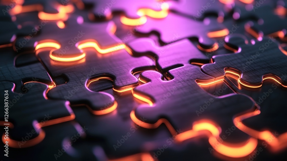 Aufkleber close-up view of interlocking puzzle pieces illuminated with vibrant orange light against a dark woo