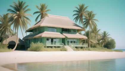 Fototapeta premium Tropical Beach House Vacation Rental Palm Trees and Ocean Views