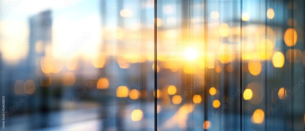 Aufkleber abstract view of city skyline through glass with sunset and bokeh effects, creating a serene atmosph