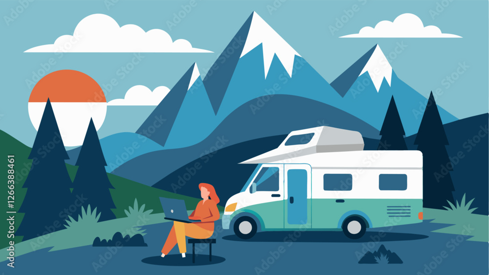 Poster Using a satellite internet connection a mobile app developer works from her RV parked at the base of a rugged mountain range.. Vector illustration
