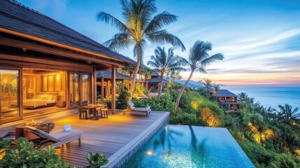 Fototapeta premium Oceanfront villa sunset luxury pool tropical getaway