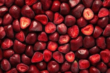 Close up of frozen strawberries as background, top view. Stack of frozen strawberries. with generative ai