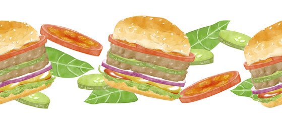 Watercolor Seamless Pattern Burger with Fresh Vegetables Illustration, Clipart for Menu Design, Posters, Printing, Web Design, Fabric, Textile, Scrapbooking