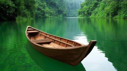 Wooden Rowboat On Emerald Green Lake In Lush Jungle