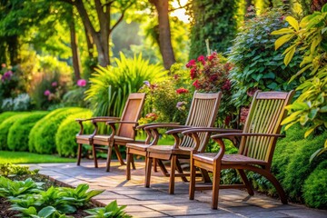 Obraz premium Capture serene garden chair scenes using the rule of thirds; highlight relaxing outdoor seating and summer décor.