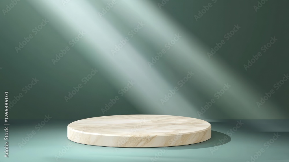 Poster a minimalist wooden display platform illuminated by soft rays of light against a dark green backdrop
