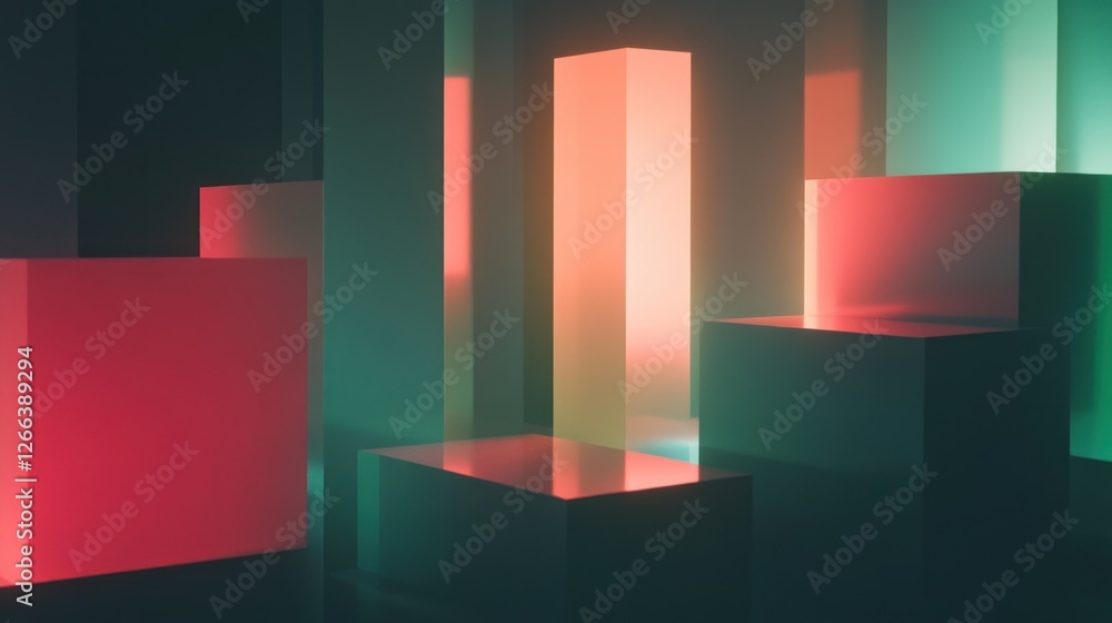 Poster abstract arrangement of illuminated geometric shapes in vibrant colors creating a surreal atmosphere