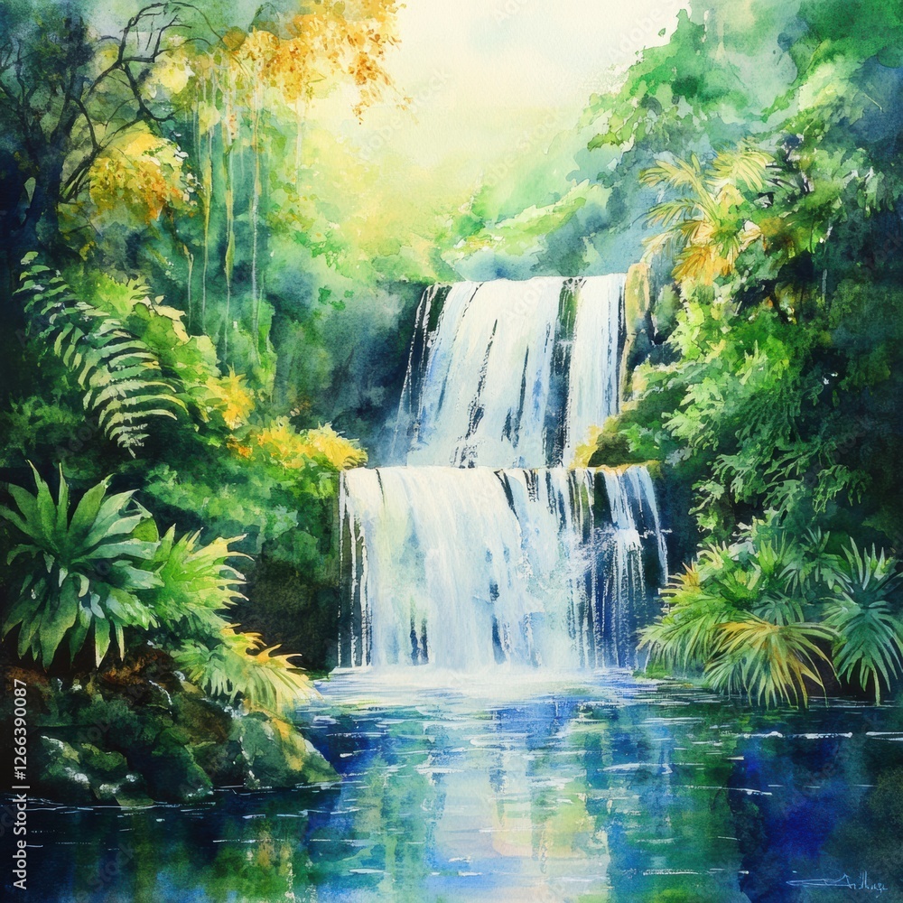Poster majestic waterfall cascading through lush rainforest in serene nature setting at morning light. gene