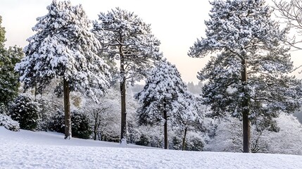 Fototapeta premium Snowy park trees, winter sunrise