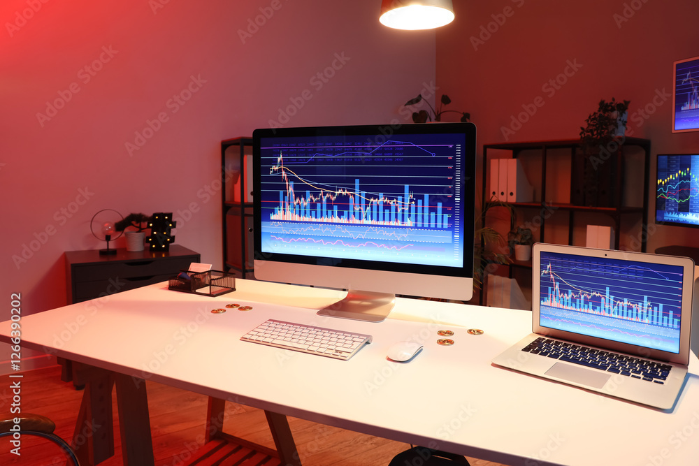 Poster laptop and computer monitor with stock data on trader's desk in dark office at night