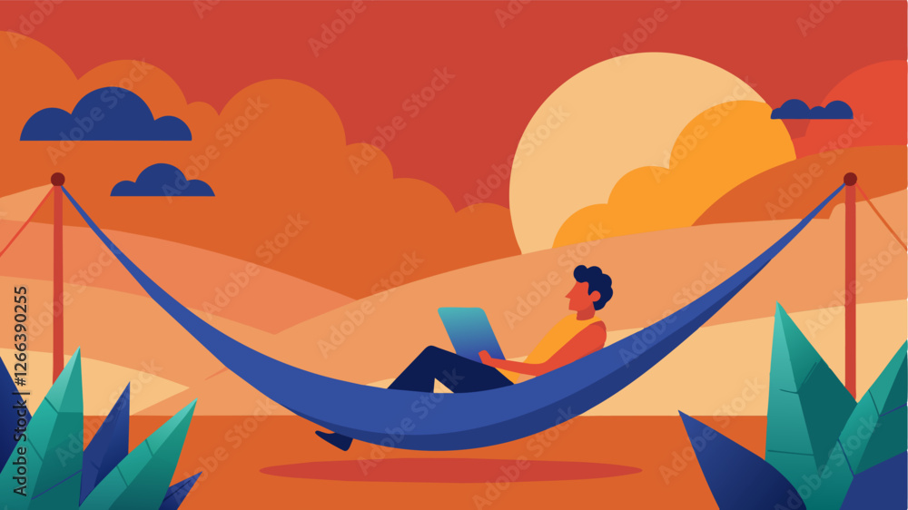 Poster with the sun setting in the background a person reclines in a hammock taking advantage of the last r